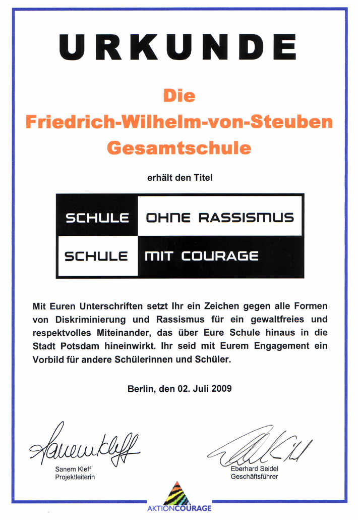 Urkunde: Schule ohne Rassismus - Schule mit Courage